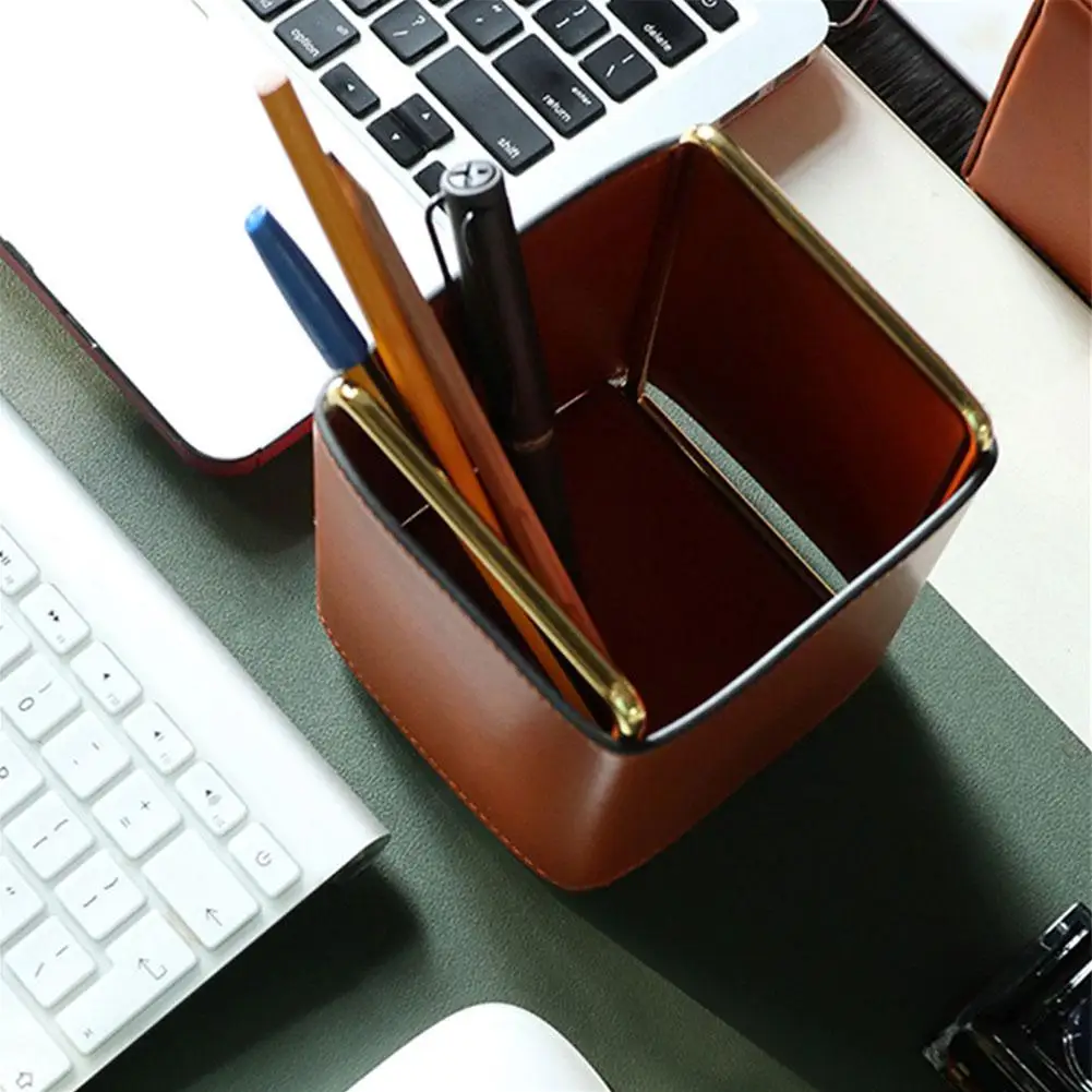 

Remote Control Holder Metal PU Leather Desktop Cosmetic Supplies Organizer Portable Office Storage Box