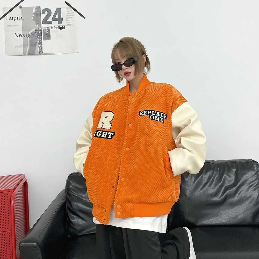 

High Street Tide Brand Corduroy Stitching Pu Leather Sleeve jacket Baseball Jacket Women Thicken Loose Couple Cotton Jacket
