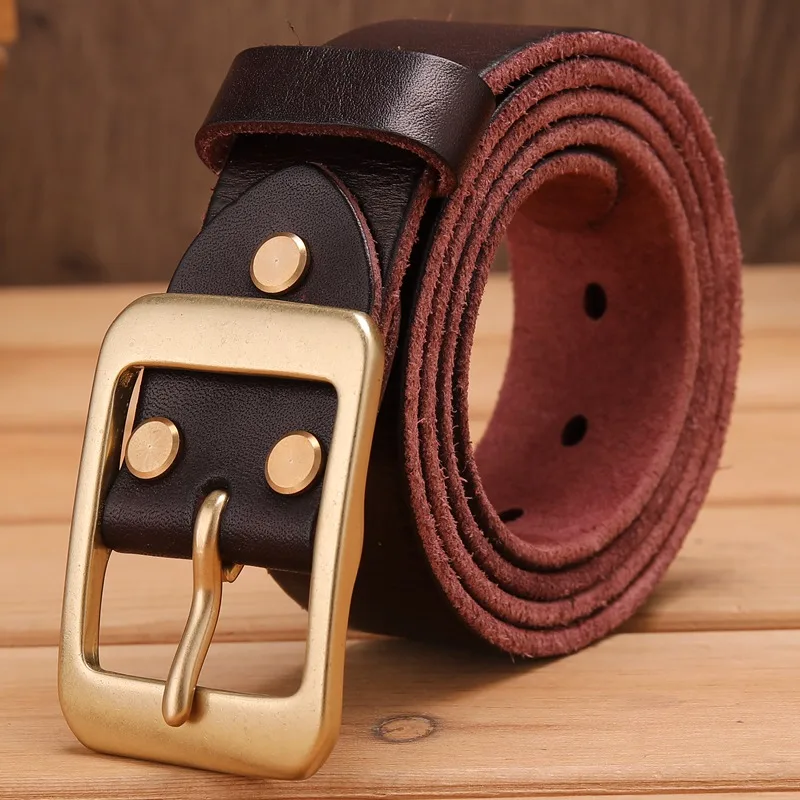 coffee brass buckle Твердый латунный ремешок с пряжкой из натуральной кожи, мягкие мужские ремни, Роскошные из натуральной кожи коричневого цвета, высокое качество, 3,8 см, ковбойский стильный кофейный - Цвет: coffee brass buckle