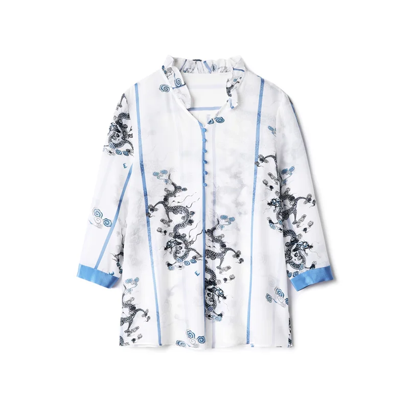 

100% Pure Silk Women's Runway Shirts V Neck Ruffles Printed 3/4 Sleeves Fashion Pullover Casual Blouse Tops