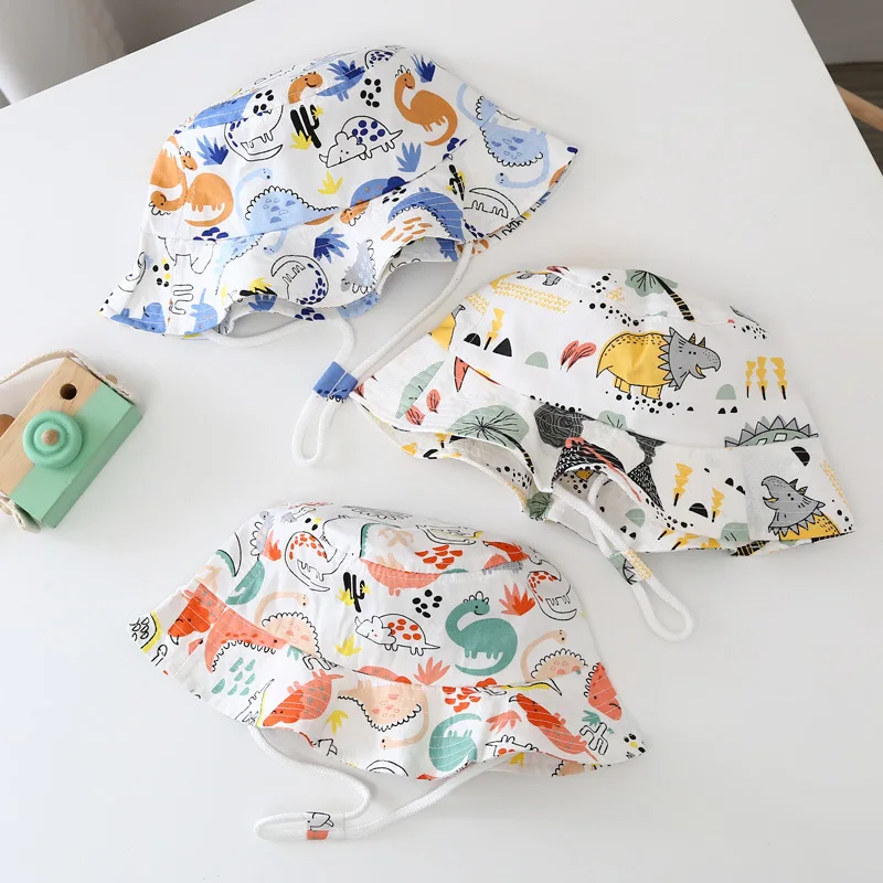

Cute kids Sun hat Cartoon Panama-Hat baby boy Summer Bucket Cotton Breathable Cap girls Hat with Rope for 1 to 4 years old