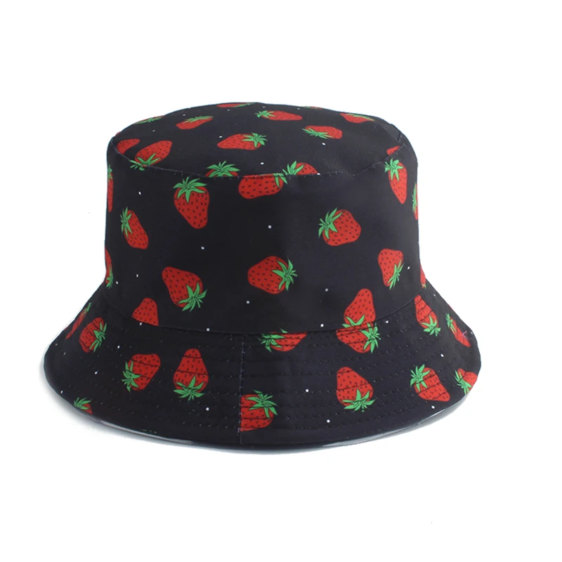 

Panama Bucket Hat Men Women Summer Fishing Bucket Cap Reversible Strawberry Print Bob Hat Hip Hop Gorros Fisherman Hat