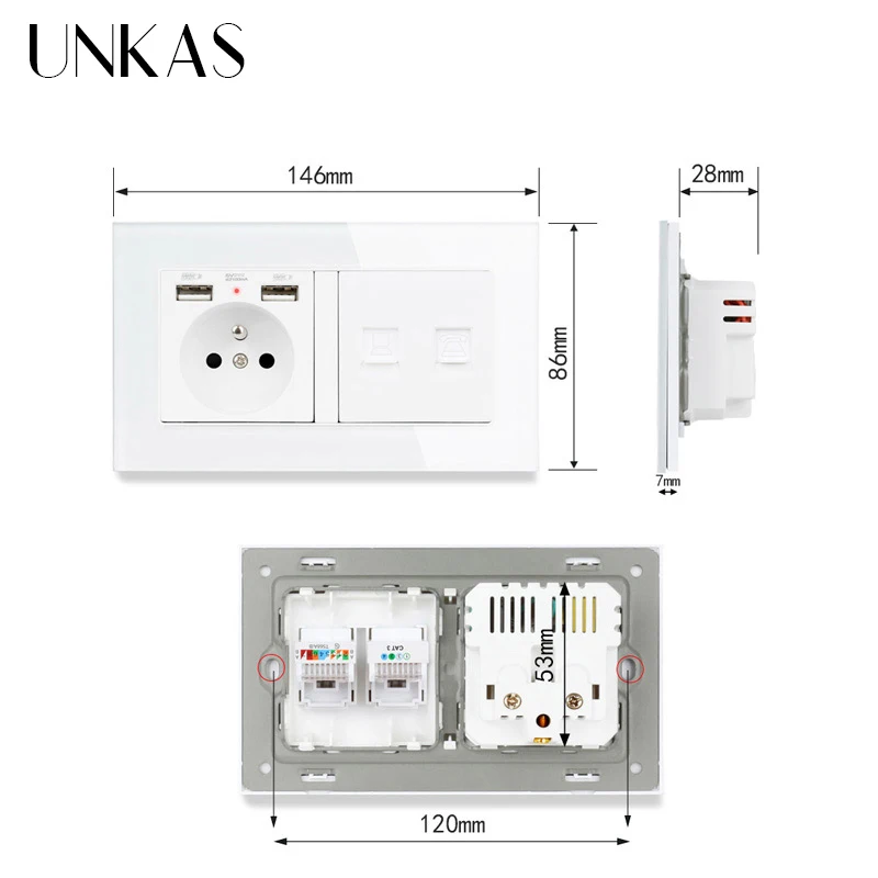 Стеклянная панель UNKAS французская стандартная розетка с 2 USB зарядными портами +