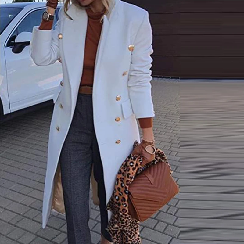 

Long Wool Blends Coat 2021 Women Double Breasted Overcoat Office Ladies Long Jacket Business Casual Suit Jacket Outerwear