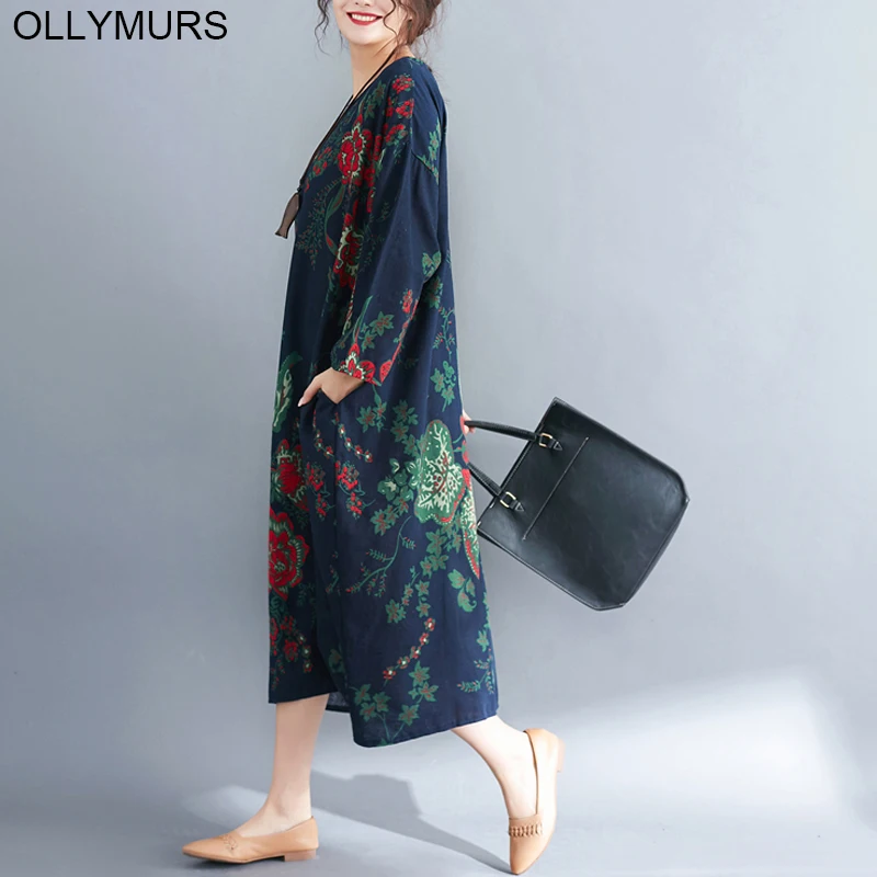 Элегантное хлопковое льняное платье свободного кроя с длинным рукавом размера