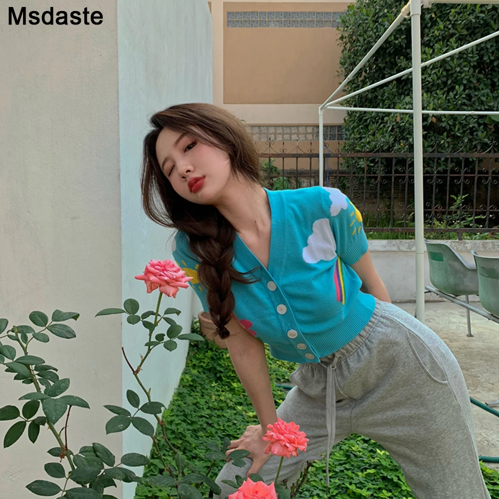 Женский вязаный кардиган с цветочным принтом свитер коротким рукавом и