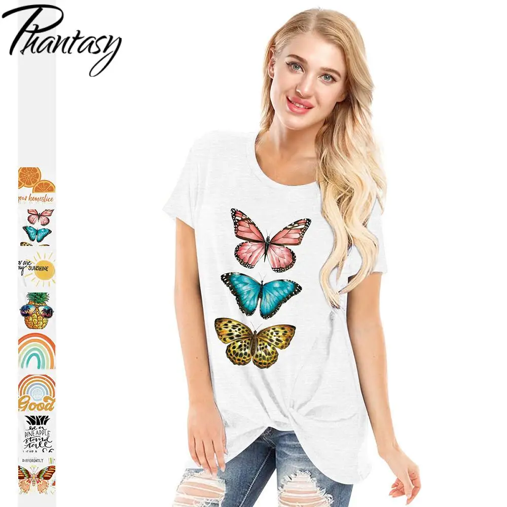 

Phantasy Summer New Women's Tops Loose O-Neck Short Sleeved T-Shirt Streetwear Casual Fashion Kinks Tops Butterfly Print Tops