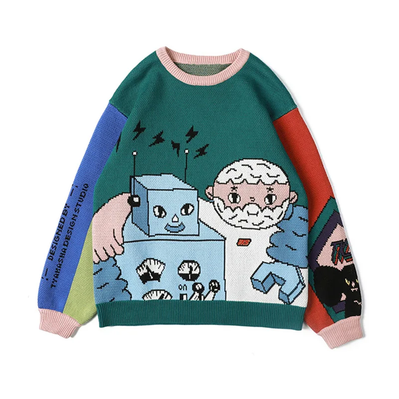 

Женская трикотажная толстовка Harakuju с мультяшной вышивкой, новинка 2021, зимний Свободный пуловер с круглым вырезом и длинными рукавами, с бло...