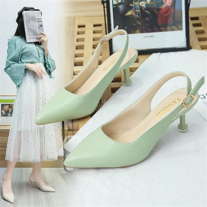 

2021 summer new fashion Baotou high-heeled sandals soft leather stiletto shallow mouth pointed back empty simple sandals women