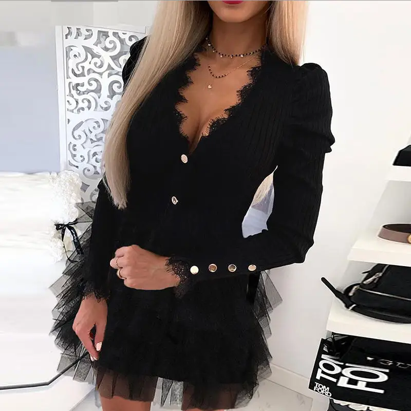 Женское кружевное платье с ресничками многослойное Сетчатое Ребристое V