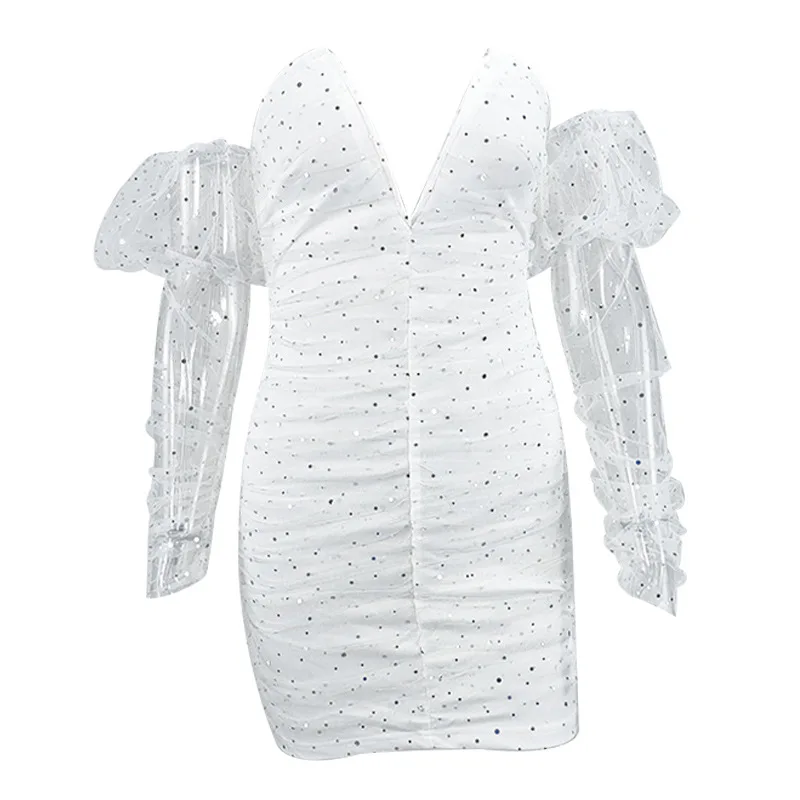 

Women sexy off shoulder deep v neck long sleeve shiny sequined ruched mini mesh dress White club party dresses 2020