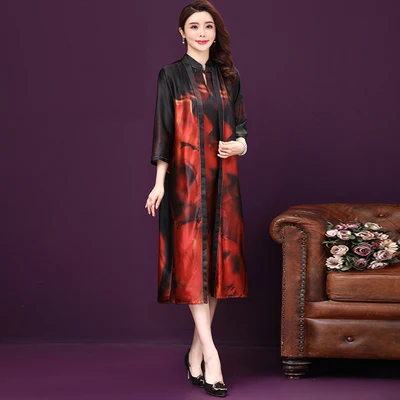 

2021 Fashionable Women Middle Aged Mother Two Piece Set Silk Dress Loose Plus Size 4xl 5xl 6xl Vintage Vestidos Elegantes Dresse