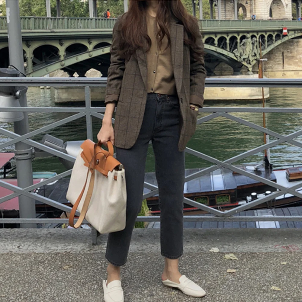 

Office Lady Women Blazers and Jackets Plus Size Plaid Blazer Korean Coat Women Winter Clothes Notched Single Breasted Outerwear