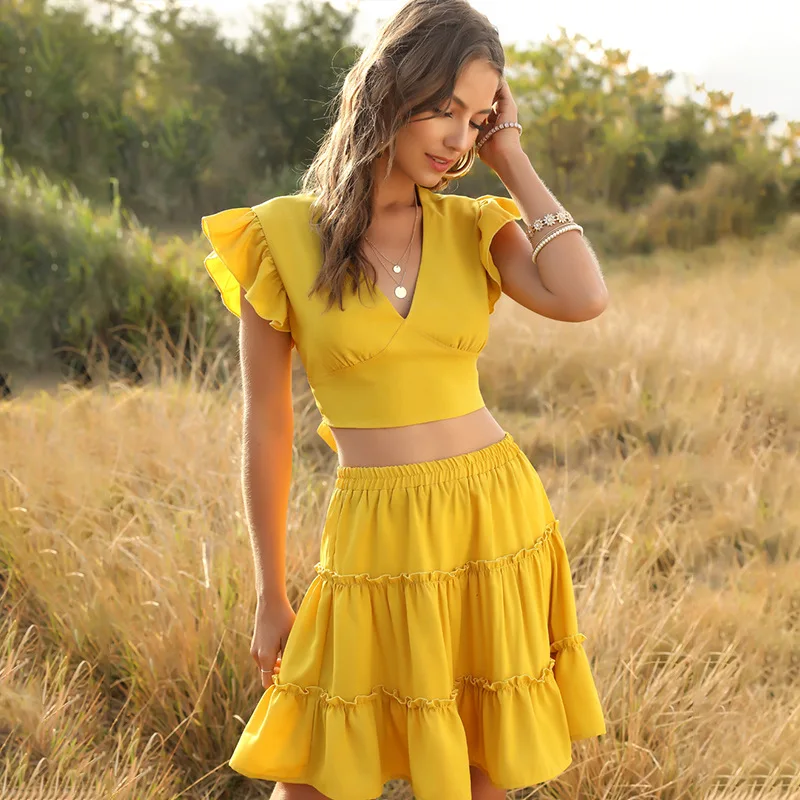 2020 Summer Mini Dress Set for Women V Neck Sleeveless Sexy Ruffles Yellow 2 Piece Vestidos De Fiesta Vacation Clothes | Женская одежда