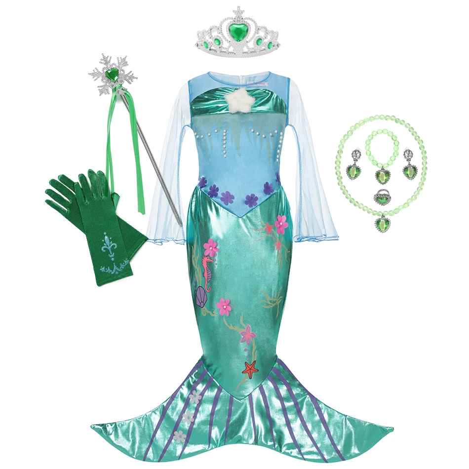 

Girl Mermaid Dress Kids Christmas Little Mermaid Costume Children Carnival Birthday Fancy Princess Outfit Clothes Wig JYF