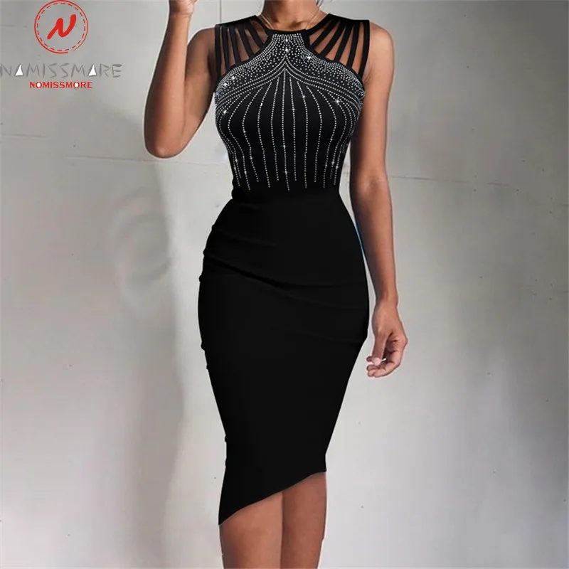 

Fashion Women Summer Solid Color Pencil Dress Irregular Design Hot Drilling Decor O-Neck Sleeveless Mid Waist Slim Hips Dress