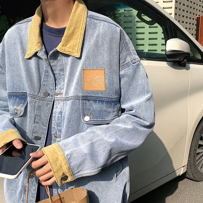 

2021 Spring And Autumn New Youth Popular Men's Loose Corduroy Stitching Denim Jacket Fashion Casual Workwear Top M-2XL