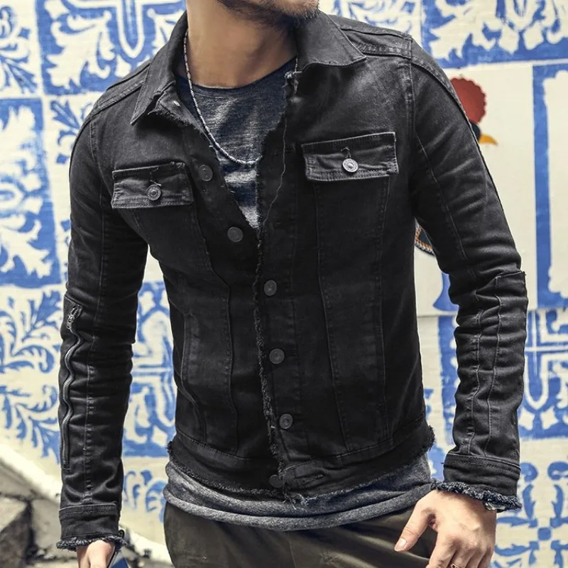 

Fashion Mens Slim Fit Black Denim Jacket Motorcycle Cowboy Coat Single Breasted Casual Tassel Streetwear Biker Male Jeans Jacket