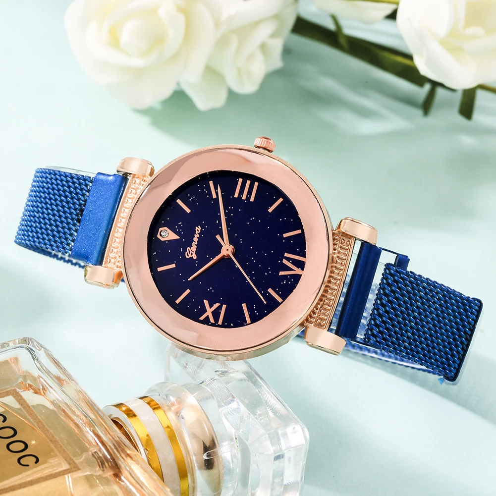 Элегантные Синие Женские часы со звездным небом цифровые с сетчатыми ремешками