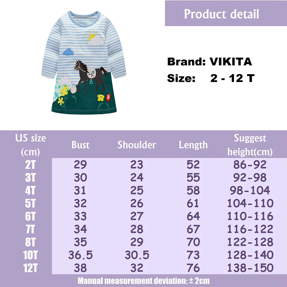 VIKITA-vestido a rayas con apliques de animales para ni&ntilde;a, vestidos de algod&oacute;n para ni&ntilde;a, ropa informal de manga larga-5