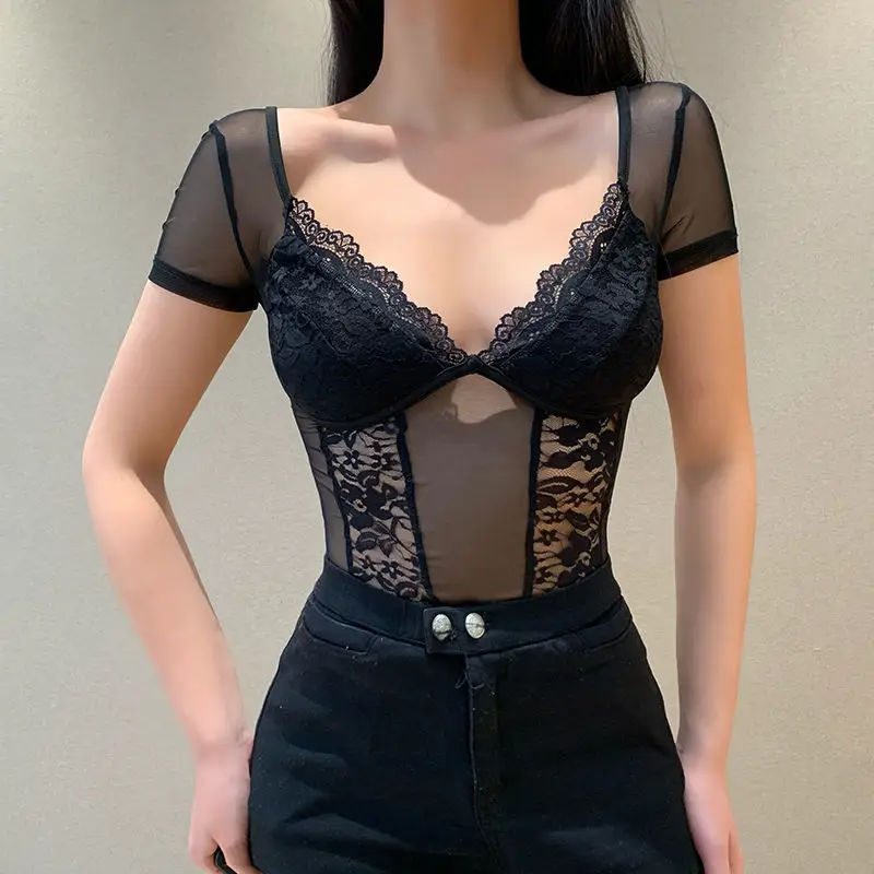 

2021 European And American V-Neck Micro Penetration Stitching Lace Tight Jumpsuit Slim Female Design T Shirt Mesh Tops For Women