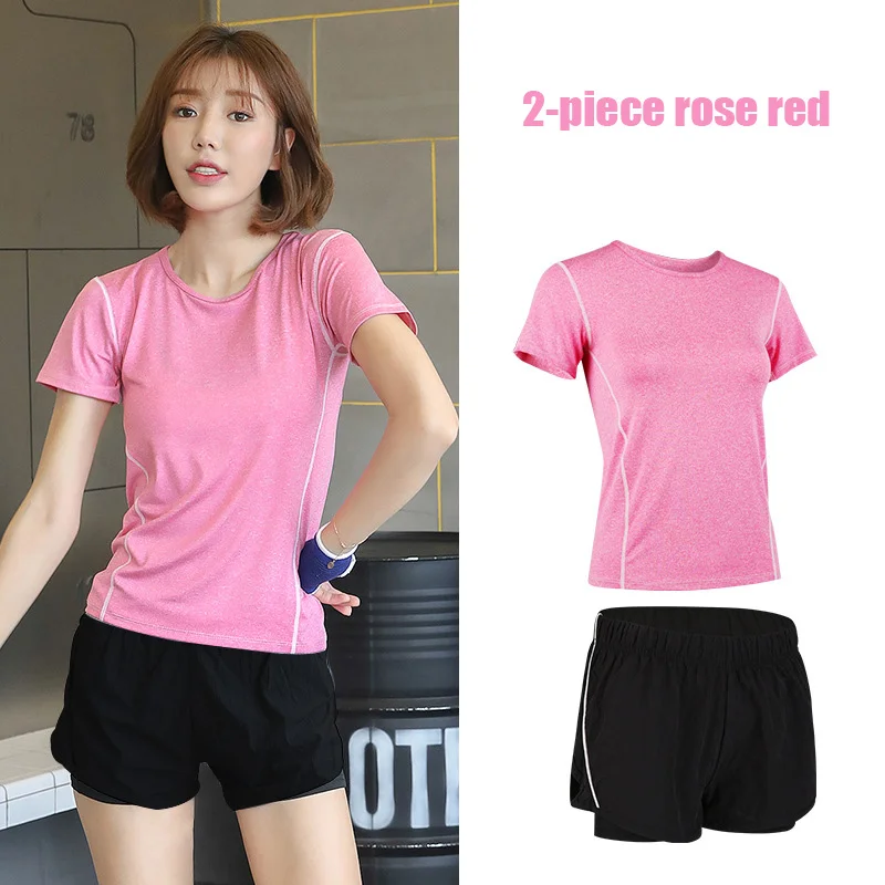 2-piece rose red 5 шт. Набор для йоги для женщин одежда Бюстгальтер Спортивный Бег Фитнес Женская футболка одежда для фитнеса тренировочный спортивный костюм набор - Цвет: 2-piece rose red