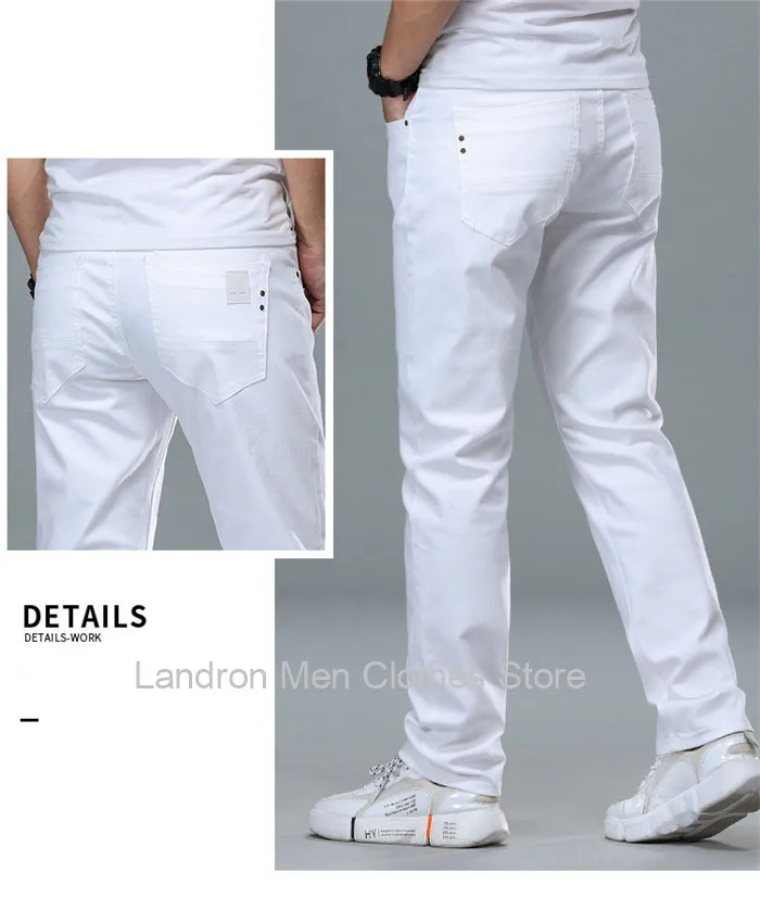 Calça jeans branca elástica para homens, slim