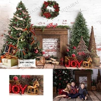 merry christmas tree brick wall fireplace photography backdrop family portrait studio wreath gift box decor child baby shower