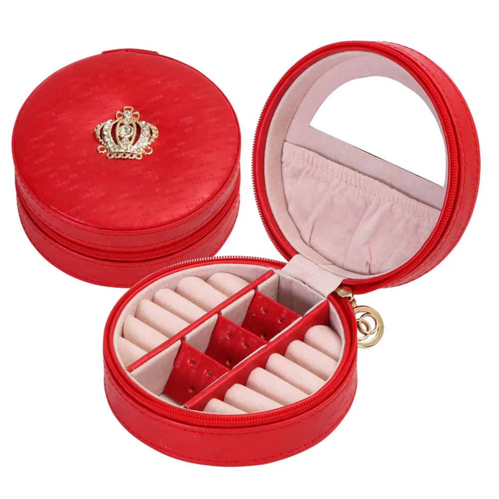 

Jewelry Box Necklace Solid Earring Holder Round Case Organizer With Mirror Multi-layer PU Leather Portable Crown Design Display