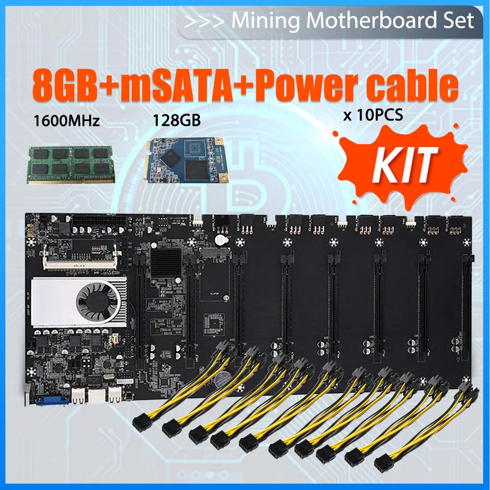 

BTC-T37 Riserless Mining Motherboard 8 GPU Bitcoin Crypto Mining Set With 8GB DDR3 1600MHz RAM 1037U 128GB MSATA SSD Power Cable