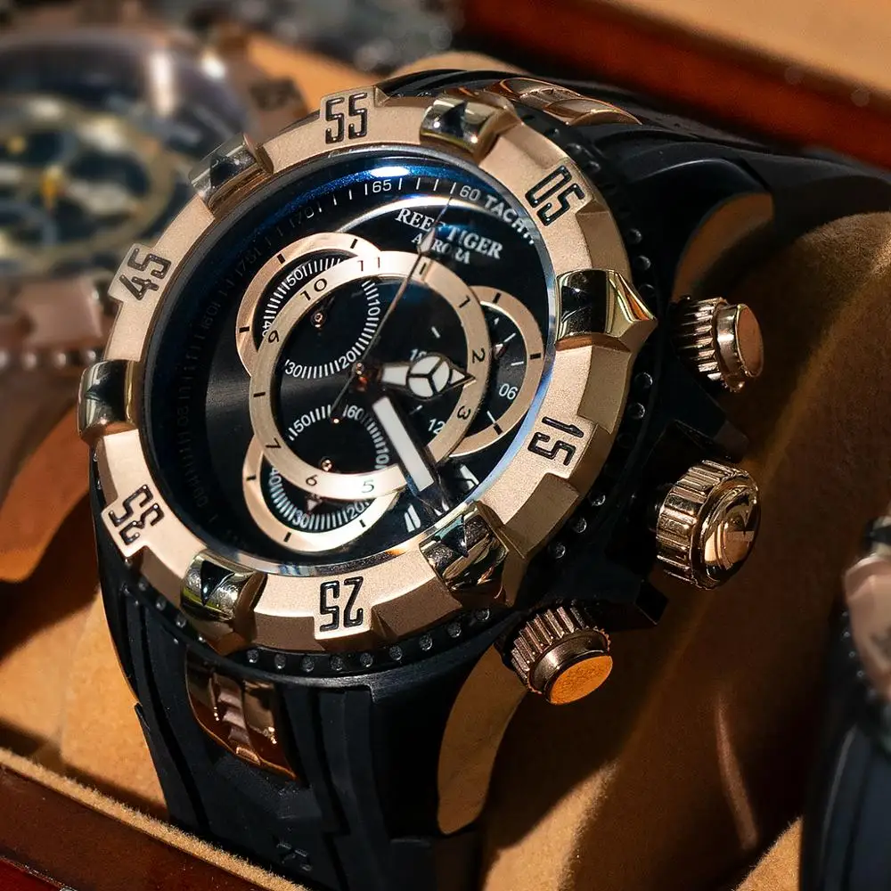 Спортивные мужские часы Reef Tiger/RT полностью синие розовое золото с большой датой