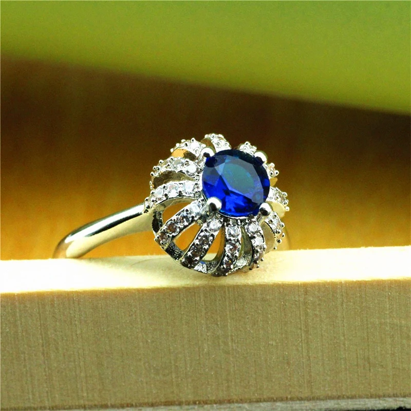 Luxury Cross Line Silver Color Zirconia Crown Ring For Women's Wedding Party AAA Zircon Blue Crystal Romantic Jewelry | Украшения и