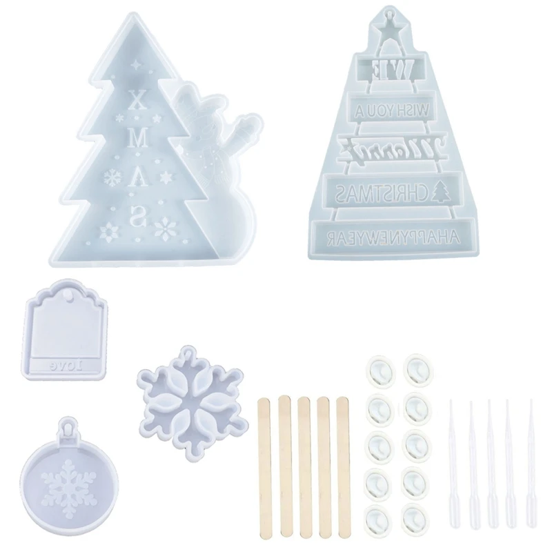 

6Pcs Christmas Theme Silicone Resin Casting Mold Kit Epoxy Resin Pendant Mold with Hanging Hole, Including Snowflake