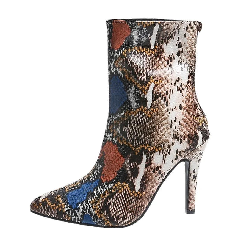 

Женские привлекательные короткие ботинки из змеиной кожи на тонком высоком каблуке, многоцветные ботильоны на шпильке с боковой молнией, н...