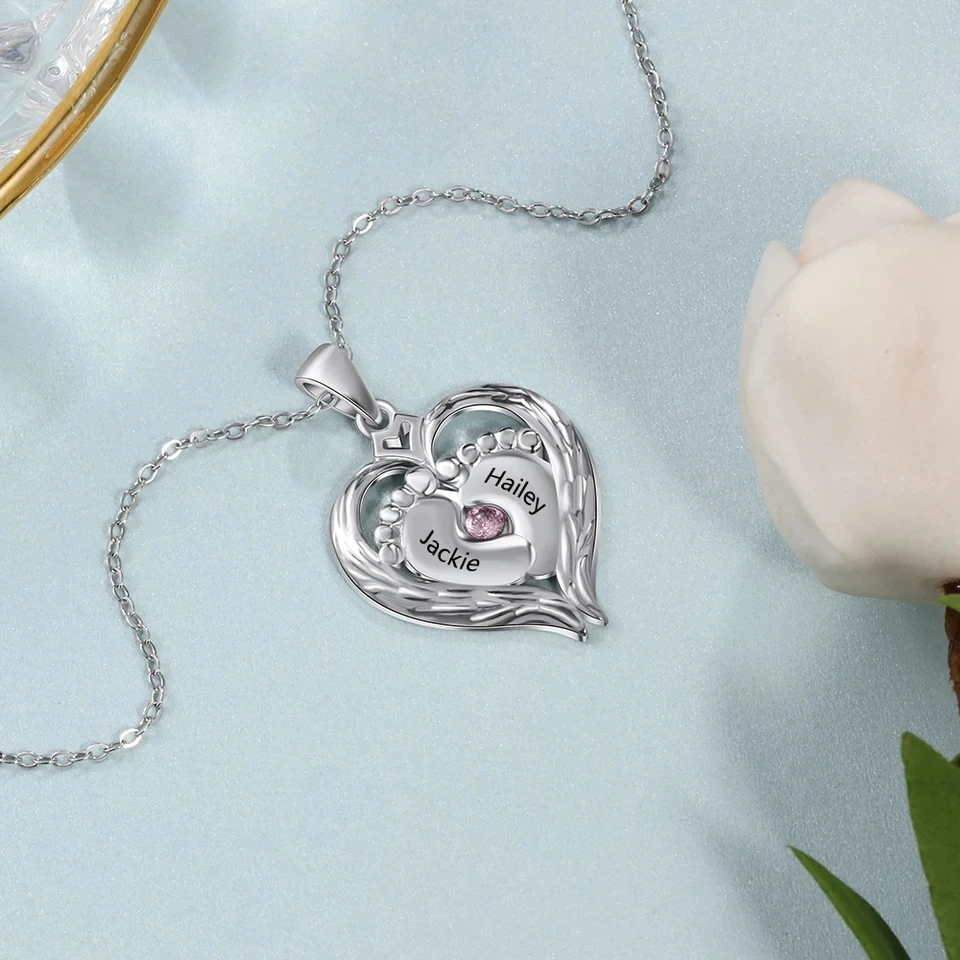 Xiaojing 925 Sterling Silver Engraved Heart Birthstones Pendant Necklace Personalized Custom Name for Mother's Day Gift 2019