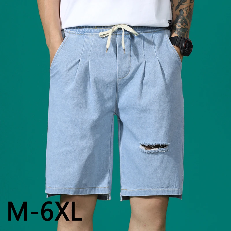 Шорты мужские с дырками и эластичным поясом синие джинсовые короткие штаны