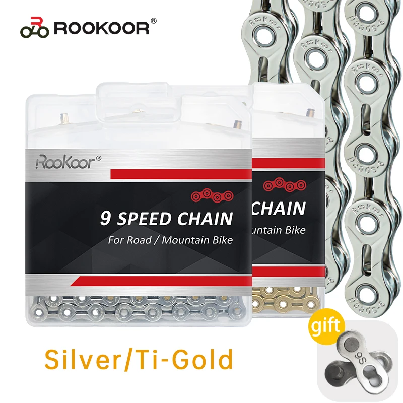 

Велосипедная цепь Rookoor, 9 скоростей, велоцид, титановое покрытие, 9 S, для шоссейного велосипеда, части для горного велосипеда, MTB, для велоспор...