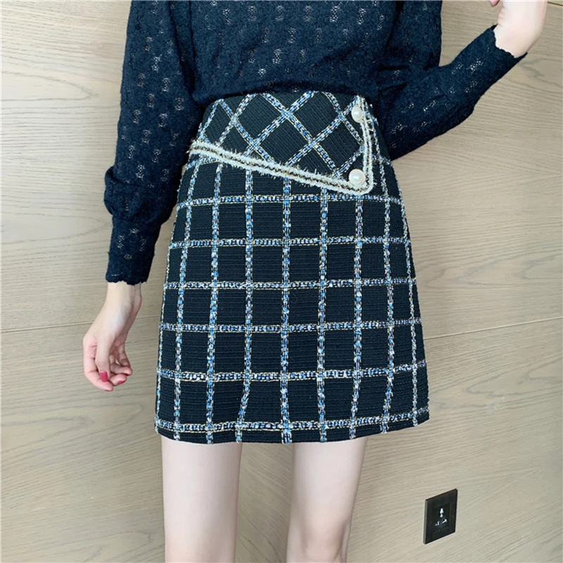 

Plaid Tweed Mini Skirt Women Elegant Vintage Autumn Winter Woolen Skirt Plus Size Pencil Skirt 4XL Pearls Buttons Slim Fit M061