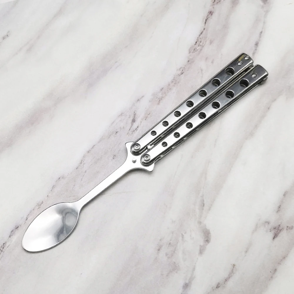 

Stainless Steel Butterfly Knife Handle Spoon Fork Cutlery Foldable Spoon BBQ Training Spoon Fork Lunch Box Carrying Cutlery 1PC