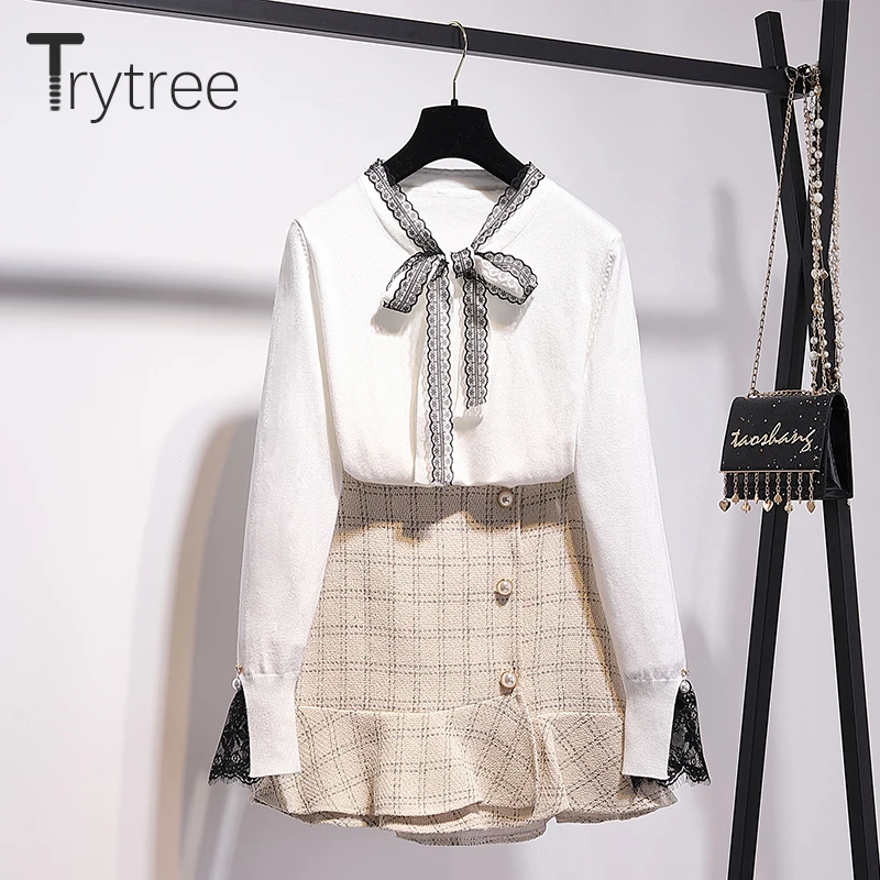 Trytree 2019 осенне зимний комплект из двух предметов повседневный вязаный белый топ с