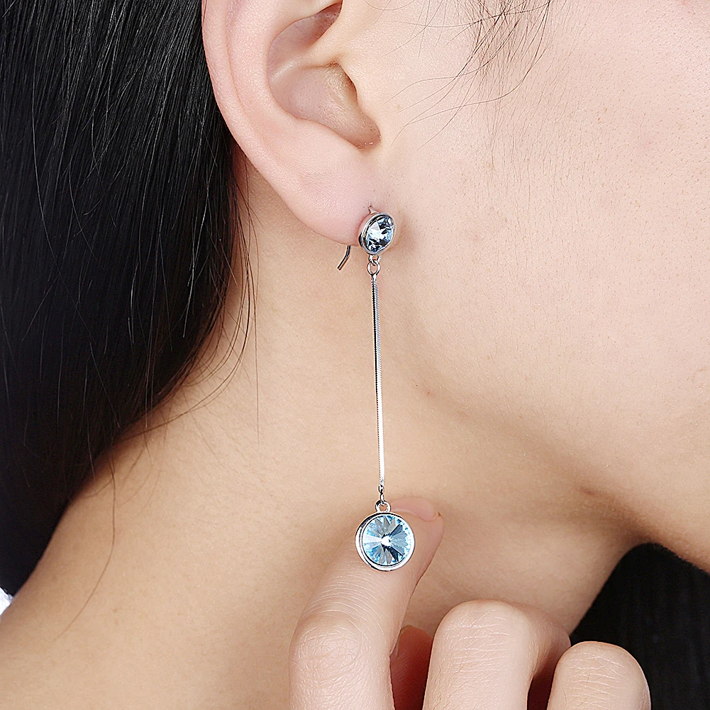 

LEKANI Long Earrings For Women S925 Sterling Silver Blue Round Austria Crystal Drop Earring Engagement Send To Girlfriend Best
