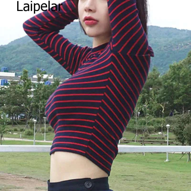 

Crop Tops Women 2020 Chic All-match Classic Stripe Slim Short Bustier Crop Top Turtleneck Long Sleeved T-shirt Sexy Shirts Tee