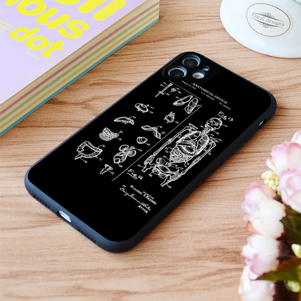 

For iPhone Medical Student Gift Skeleton Patent Print Soft Matt Apple iPhone Case 6 7 8 11 12 Plus Pro X XR XS MAX SE