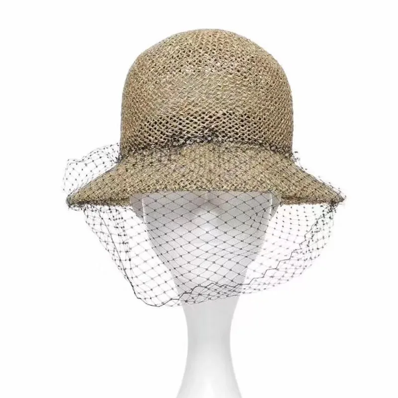 2020 Женская мода Вуаль жемчужные вечерние шляпы полые Seagrass ведро женские