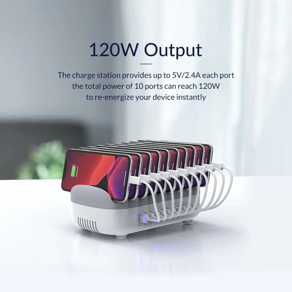 Зарядная док-станция ORICO 10 USB-портов 120 Вт 5 В 2 4 А бесплатных кабелей для iPhone Samsung