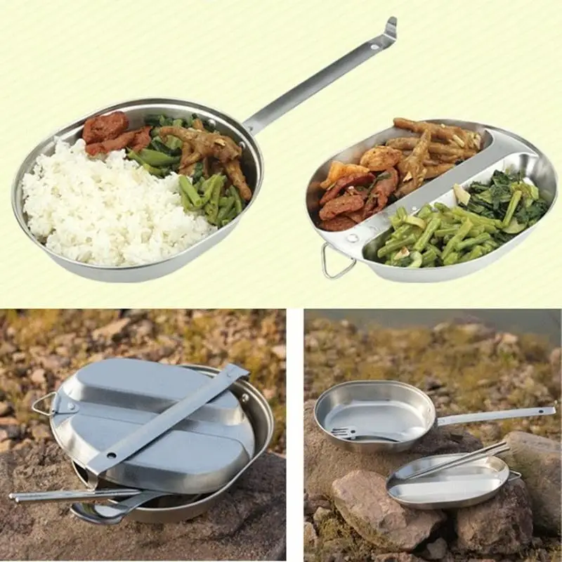 

304 Stainless Steel Food Container Folding Long Handle Picnic Camping Lunch Box Outdoor Tablewares