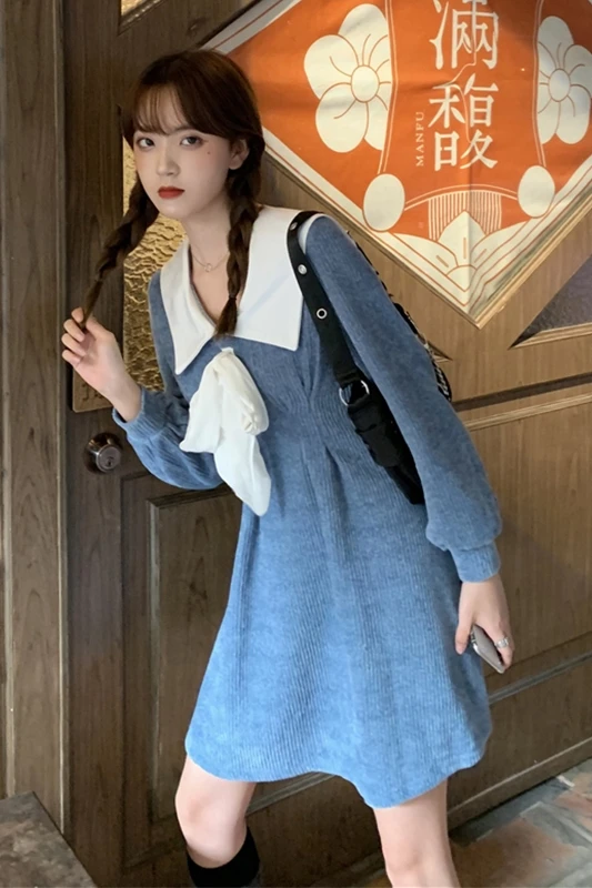 

Japanese Style Beautiful Girl Bow Dress Women's Autumn and Winter 2020 New Thick Corduroy Mid-Length A- line lolita dress