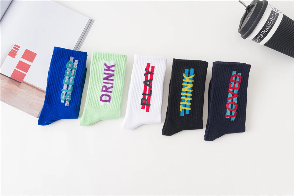 Women's Funny Words Loved Think Drink Sleep Play Lettered Striped Art Socks Couples Skateboard Hipster Street Dance Harajuku Sox