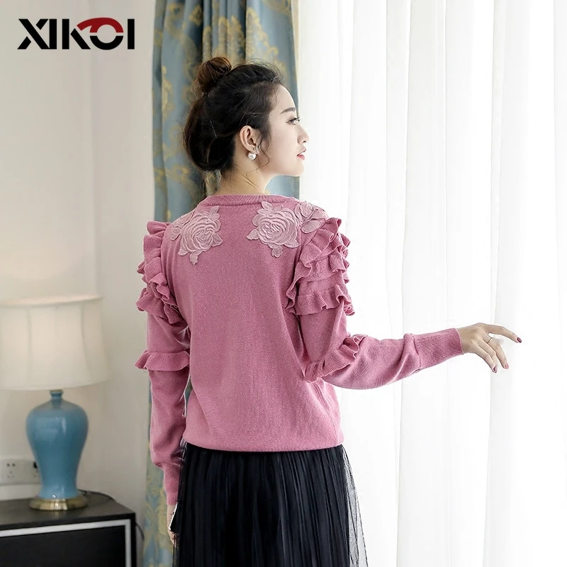 Женский свитер с вышивкой вязаные пуловеры длинным рукавом и оборками в виде