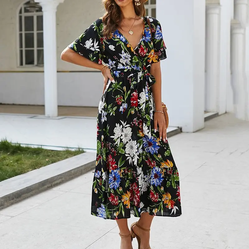 Женское летнее платье с цветочным принтом Boho элегантное сексуальное пляжное